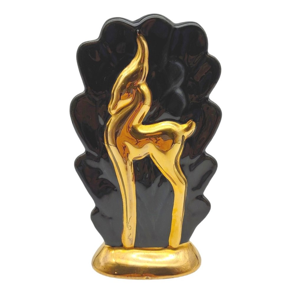 Stylized Gazelle Deer Vase Planter, 7" Black Gold vtg 1950s Mid Century Art Deco